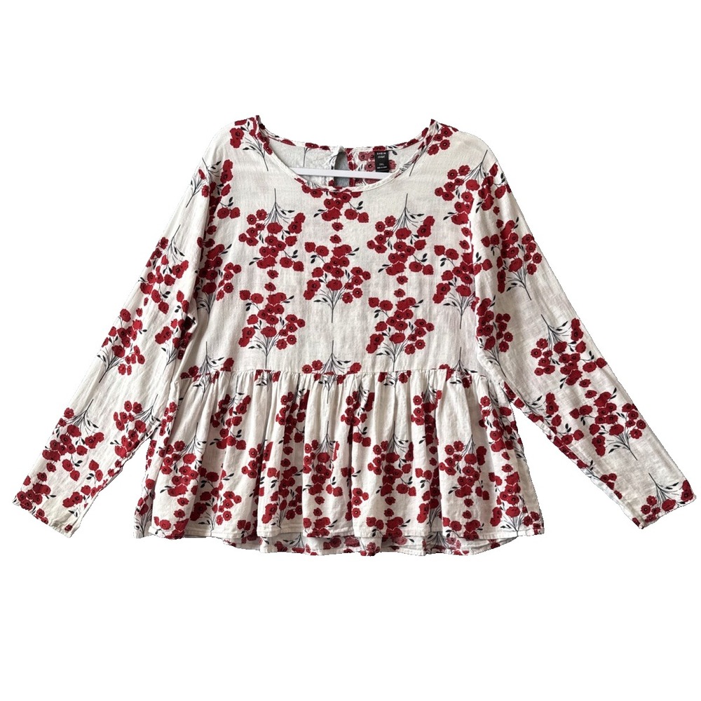 Cottagecore Red Floral Poppy Long Sleeve Lightweight Peplum Top 0XL Plus Boho